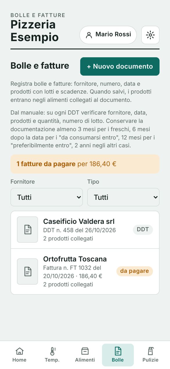 Schermata Bolle e fatture con l'elenco dei documenti e il pulsante Nuovo documento