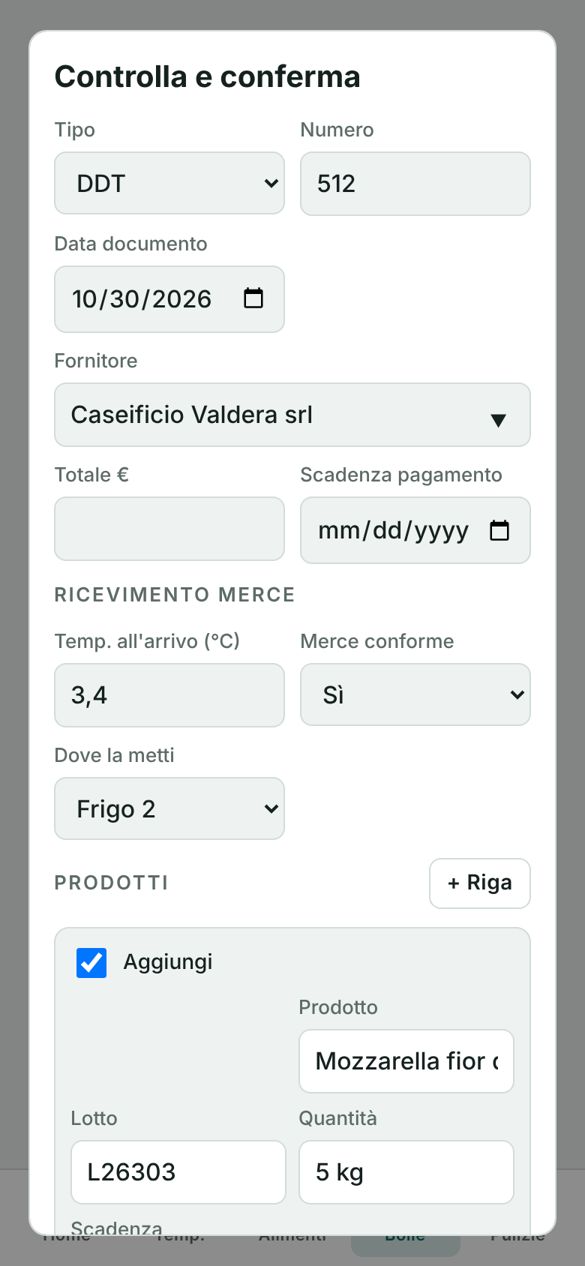 Modulo Controlla e conferma con tipo, numero, data, fornitore e ricevimento merce