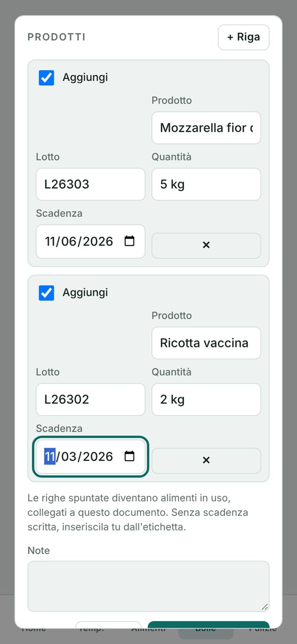 Righe prodotto con lotto, quantità e scadenza