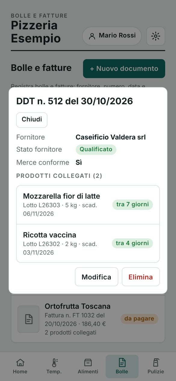 Dettaglio del DDT con i prodotti collegati e le scadenze