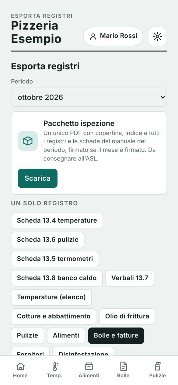 Schermata Esporta registri con Bolle e fatture selezionato
