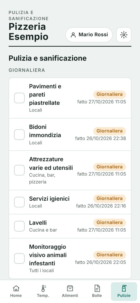 Schermata Pulizia e sanificazione con il piano giornaliero