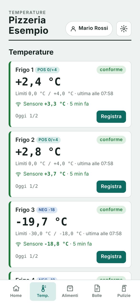Schermata Temperature con i quattro frigoriferi e le letture dei sensori